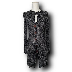 90s Vintage BCBGMaxAzria Charcoal Grey and White Marled Knit Button-Up Duster